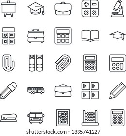 Thin Line Icon Set - airport bus vector, checkroom, book, calculator, graduate, abacus, presentation board, microscope, case, paper clip, pencil, stapler