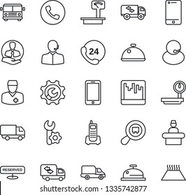 Thin Line Icon Set - airport bus vector, phone, reception, mobile, doctor, office, 24 hours, support, client, car delivery, heavy scales, search cargo, cell, scanner, root setup, moving, dish