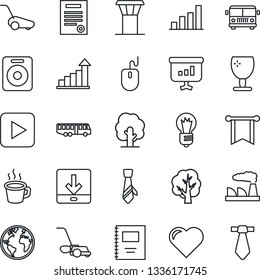 Thin Line Icon Set - airport tower vector, bus, growth statistic, mouse, bulb, factory, tree, lawn mower, heart, earth, fragile, speaker, play button, download, coffee, copybook, bar graph, tie