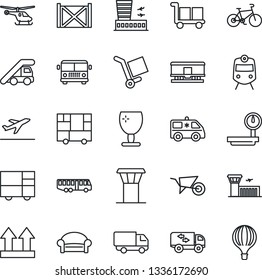 Thin Line Icon Set - airport tower vector, departure, bus, train, waiting area, ladder car, helicopter, building, wheelbarrow, ambulance, bike, delivery, container, consolidated cargo, fragile
