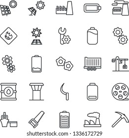 Thin Line Icon Set - airport tower vector, gear, factory, saw, sickle, truck trailer, sea port, flammable, oil barrel, reel, battery, low, root setup, sun panel, crane, hard work