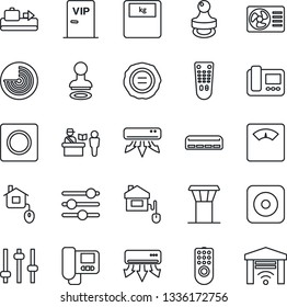 Thin Line Icon Set - airport tower vector, baggage conveyor, passport control, stamp, radar, scales, remote, rec button, tuning, record, air conditioner, vip zone, home, intercome, garage gate