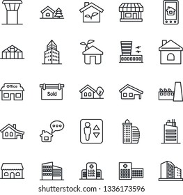 Thin Line Icon Set - airport tower vector, elevator, building, house, greenhouse, hospital, store, office, with garage, tree, sold signboard, city, factory, cafe, eco, home control app, message