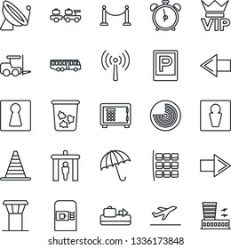 Thin Line Icon Set - airport tower vector, antenna, satellite, fence, departure, baggage conveyor, bus, parking, coffee machine, security gate, umbrella, alarm clock, trash bin, male, female, vip