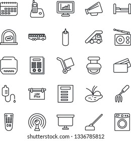 Thin Line Icon Set - airport bus vector, ticket office, ladder car, document, presentation board, garden fork, hoe, pond, dropper, term, cargo, radio, antenna, loudspeaker, remote control, phone