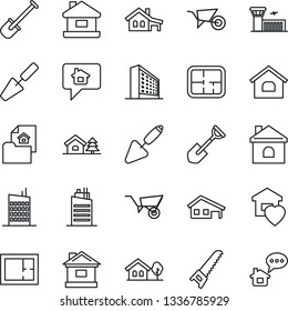 Thin Line Icon Set - airport building vector, office, trowel, shovel, wheelbarrow, saw, house, with garage, tree, plan, estate document, sweet home, city, message