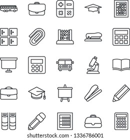 Thin Line Icon Set - airport bus vector, checkroom, book, calculator, graduate, abacus, presentation board, microscope, case, paper clip, pencil, stapler