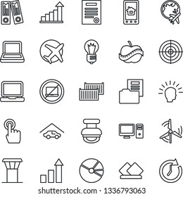Thin Line Icon Set - airport tower vector, no laptop, plane globe, growth statistic, office binder, bulb, diet, cargo container, touch screen, pc, pie graph, document folder, target, notebook, stamp
