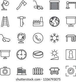 Thin Line Icon Set - airport bus vector, barrier, phone, female, globe, desk, tie, presentation board, fence, ladder, lawn mower, axe, pills, earth, camera, brightness, clock, lamp, office building