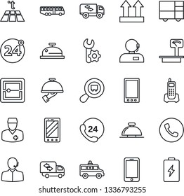 Thin Line Icon Set - Airport Bus Vector, 24 Around, Phone, Reception Bell, Mobile, Ambulance Car, Doctor, Office, Hours, Consolidated Cargo, Up Side Sign, Heavy Scales, Search, Scanner, Root Setup