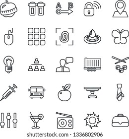 Thin Line Icon Set - airport bus vector, mouse, bulb, butterfly, sun, syringe, diet, pin, truck trailer, route, radio, settings, speaker, menu, tie, hierarchy, table, cocktail, sushi, apple fruit