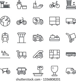 Thin Line Icon Set - airport tower vector, arrival, baggage conveyor, bus, train, ladder car, building, wheelbarrow, ambulance, bike, earth, sea shipping, delivery, port, consolidated cargo, fragile