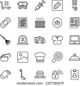 Thin Line Icon Set - airport bus vector, reception, abacus, rake, glove, butterfly, syringe, patch, ambulance car, receipt, no trolley, hook, search cargo, laptop pc, gallery, notes, heater, ladle