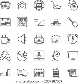 Thin Line Icon Set - airport bus vector, no laptop, presentation board, job, lawn mower, pills, warehouse storage, flame disk, speaker, dialog, alarm, stopwatch, download, cellular signal, calendar