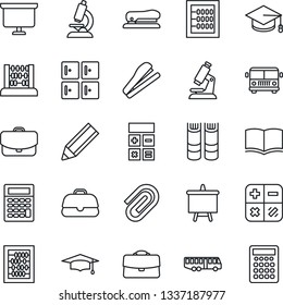 Thin Line Icon Set - airport bus vector, checkroom, book, calculator, graduate, abacus, presentation board, microscope, case, paper clip, pencil, stapler