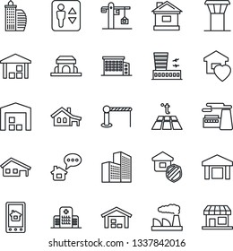 Thin Line Icon Set - airport tower vector, barrier, elevator, building, factory, house, hospital, warehouse, office, with garage, sweet home, crane, estate insurance, cafe, control app, warm floor