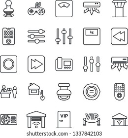 Thin Line Icon Set - airport tower vector, passport control, stamp, scales, gamepad, settings, remote, fast forward, rewind, tuning, record, air conditioner, vip zone, home, intercome, garage gate