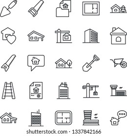 Thin Line Icon Set - airport building vector, office, trowel, shovel, ladder, wheelbarrow, saw, house, with garage, tree, plan, estate document, sweet home, city, crane, message