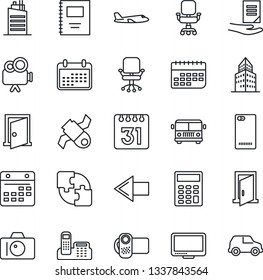 Thin Line Icon Set - airport bus vector, camera, left arrow, plane, office chair, document, satellite, term, video, monitor, phone back, calendar, application, copybook, building, calculator, door