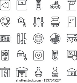 Thin Line Icon Set - airport tower vector, security gate, stamp, radar, scales, gamepad, settings, remote control, rewind, rec button, tuning, air conditioner, vip zone, home, app, garage