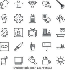 Thin Line Icon Set - airport building vector, document reload, flower in pot, rake, plant label, heart diagnostic, route, heavy scales, tv, settings, record, photo gallery, pool, wireless, phyto bar