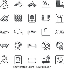 Thin Line Icon Set - airport tower vector, taxi, arrival, suitcase, signpost, passport, globe, bed, ladder car, boarding, plane, seat map, luggage scales, building, case, picnic table, bike, pin