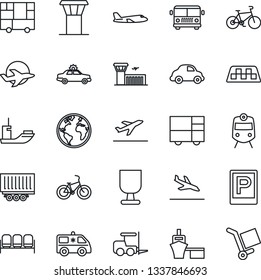 Thin Line Icon Set - airport tower vector, taxi, departure, arrival, bus, parking, train, waiting area, alarm car, fork loader, plane, building, ambulance, bike, earth, sea shipping, truck trailer