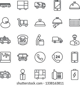 Thin Line Icon Set - airport bus vector, phone, baby room, mobile, ambulance car, doctor, office, 24 hours, support, cargo container, delivery, consolidated, cell, scanner, moving, waiter, dish