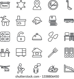 Thin Line Icon Set - airport bus vector, no smoking, helicopter, speaking man, calculator, office binder, desk, farm fork, fireplace, seeds, navigation, plane, consolidated cargo, manager, book, eco