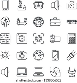 Thin Line Icon Set - airport bus vector, camera, tree, sun, route, video, cell phone, laptop pc, radio, mobile, torch, eye id, application, case, calculator, chip, sound, earth, office chair