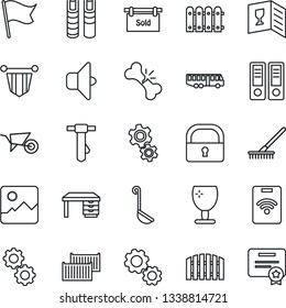 Thin Line Icon Set - airport bus vector, pennant, office binder, desk, tie, rake, wheelbarrow, broken bone, cargo container, fragile, gallery, lock, book, fence, sold signboard, wine card, ladle