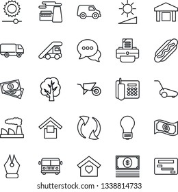 Thin Line Icon Set - airport bus vector, ladder car, bulb, factory, printer, tree, wheelbarrow, lawn mower, cash, delivery, warehouse storage, dialog, update, brightness, ink pen, office phone