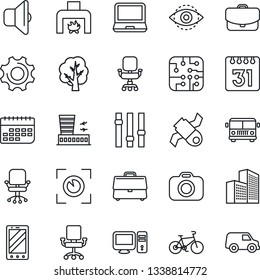 Thin Line Icon Set - airport bus vector, building, mobile phone, office chair, tree, bike, satellite, term, camera, settings, laptop pc, calendar, eye id, case, fireplace, chip, sound, scan, car