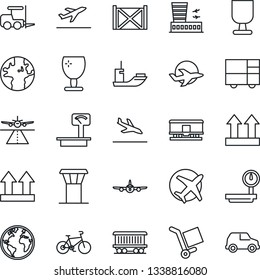 Thin Line Icon Set - airport tower vector, runway, departure, arrival, fork loader, plane, building, bike, earth, railroad, sea shipping, container, consolidated cargo, fragile, up side sign, car