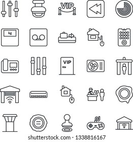 Thin Line Icon Set - airport tower vector, baggage conveyor, passport control, security gate, stamp, radar, scales, gamepad, settings, rewind, tuning, record, air conditioner, vip zone, home, remote