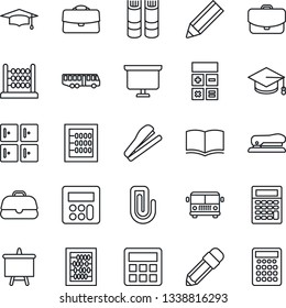 Thin Line Icon Set - airport bus vector, checkroom, book, calculator, graduate, abacus, presentation board, case, paper clip, pencil, stapler