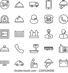 Thin Line Icon Set - Airport Bus Vector, 24 Around, Phone, Baby Room, Reception, Mobile, Doctor, Office, Hours, Support, Cargo Container, Car Delivery, Up Side Sign, Heavy Scales, Call, Scanner