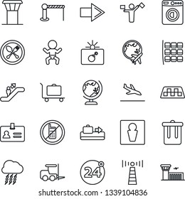 Thin Line Icon Set - airport tower vector, dispatcher, antenna, taxi, arrival, baggage conveyor, trolley, barrier, spoon and fork, 24 around, escalator, no mobile, trash bin, male, bomb in case