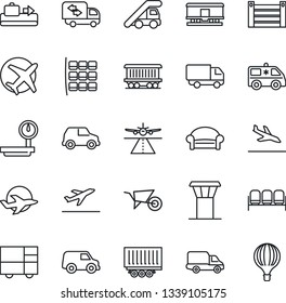 Thin Line Icon Set - airport tower vector, runway, departure, arrival, baggage conveyor, waiting area, ladder car, seat map, wheelbarrow, ambulance, railroad, plane, truck trailer, delivery, moving