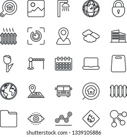 Thin Line Icon Set - airport bus vector, barrier, clouds, lock, calendar, navigation, earth, tulip, flammable, gallery, folder, eye id, point graph, notebook pc, office building, estate search