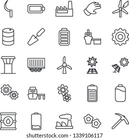 Thin Line Icon Set - airport tower vector, gear, factory, trowel, glove, sickle, truck trailer, sea port, oil barrel, battery, low, sun panel, windmill, hard work