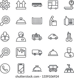 Thin Line Icon Set - airport bus vector, phone, reception bell, baby room, ambulance car, doctor, office, support, client, cargo container, delivery, consolidated, up side sign, heavy scales, search