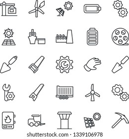Thin Line Icon Set - airport tower vector, fork loader, trowel, glove, saw, truck trailer, sea port, reel, battery, root setup, sun panel, crane, factory, water heater, gear, windmill, hard work