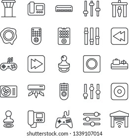 Thin Line Icon Set - airport tower vector, baggage conveyor, security gate, stamp, gamepad, settings, remote control, fast forward, rewind, rec button, tuning, record, air conditioner, intercome