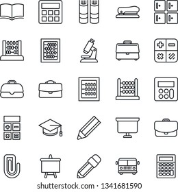 Thin Line Icon Set - airport bus vector, checkroom, book, calculator, graduate, abacus, presentation board, microscope, case, paper clip, pencil, stapler
