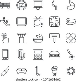 Thin Line Icon Set - airport tower vector, escalator, no laptop, sickle, garden knife, plant label, bench, ripper, patch, stomach, tv, touch screen, monitor, mobile, calculator, paper clip, salad