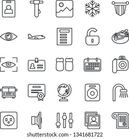 Thin Line Icon Set - airport bus vector, identity, globe, plane, pennant, tie, document, eye, term, route, camera, speaker, settings, gallery, photo, card, lock, bathroom, salt and pepper, socket