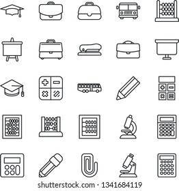 Thin Line Icon Set - airport bus vector, calculator, graduate, abacus, presentation board, microscope, case, paper clip, pencil, stapler