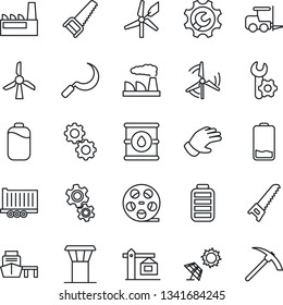 Thin Line Icon Set - airport tower vector, fork loader, factory, glove, saw, sickle, truck trailer, sea port, oil barrel, reel, battery, low, root setup, windmill, crane, gear, sun panel, hard work