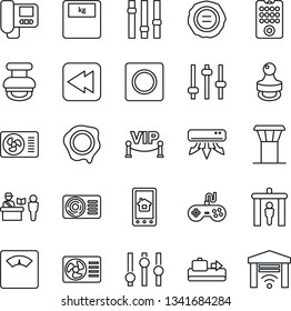 Thin Line Icon Set - airport tower vector, baggage conveyor, passport control, security gate, stamp, scales, gamepad, settings, rewind, tuning, record, air conditioner, vip zone, remote, intercome